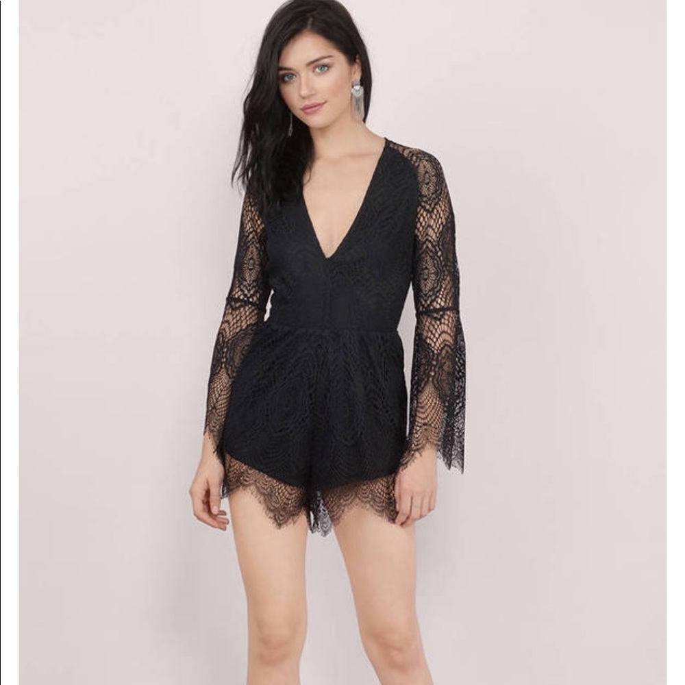 Lace backless long bell sleeve romper
